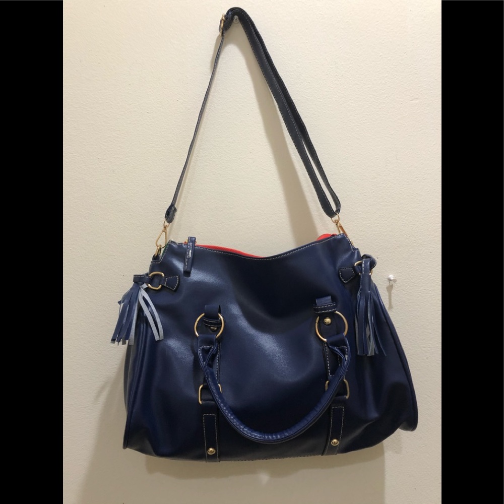 Navy blue leather- tote cross shoulder strap